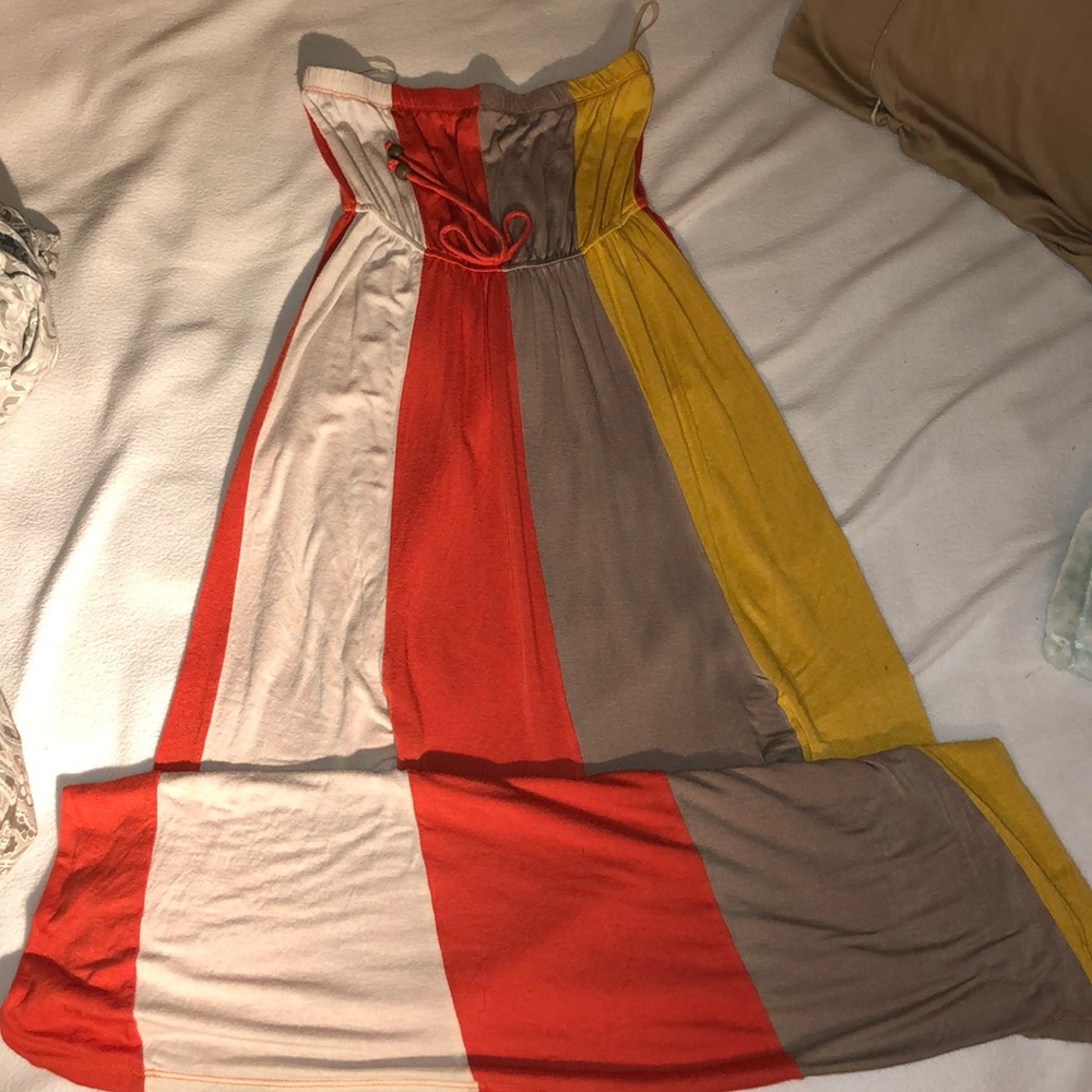 Down to the floor multi-colored dress.